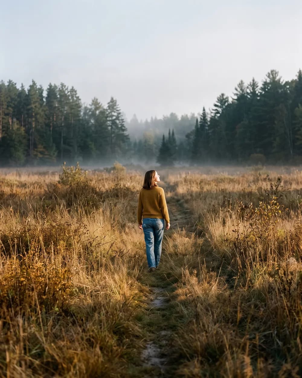 A woman walks alone on a path through a misty meadow toward a pine forest.