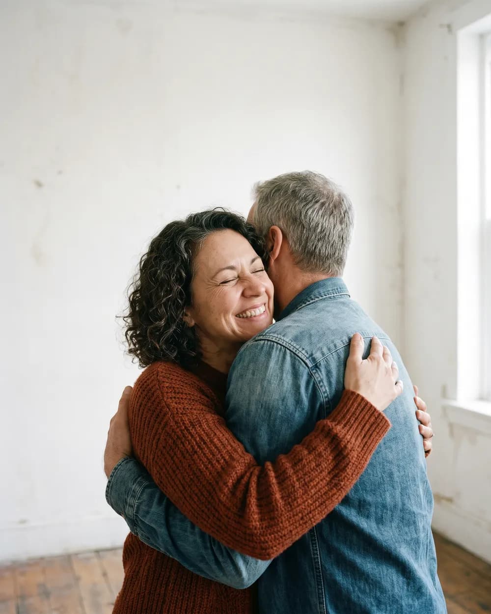 Two friends hug in a bright room. She smiles with her eyes closed.