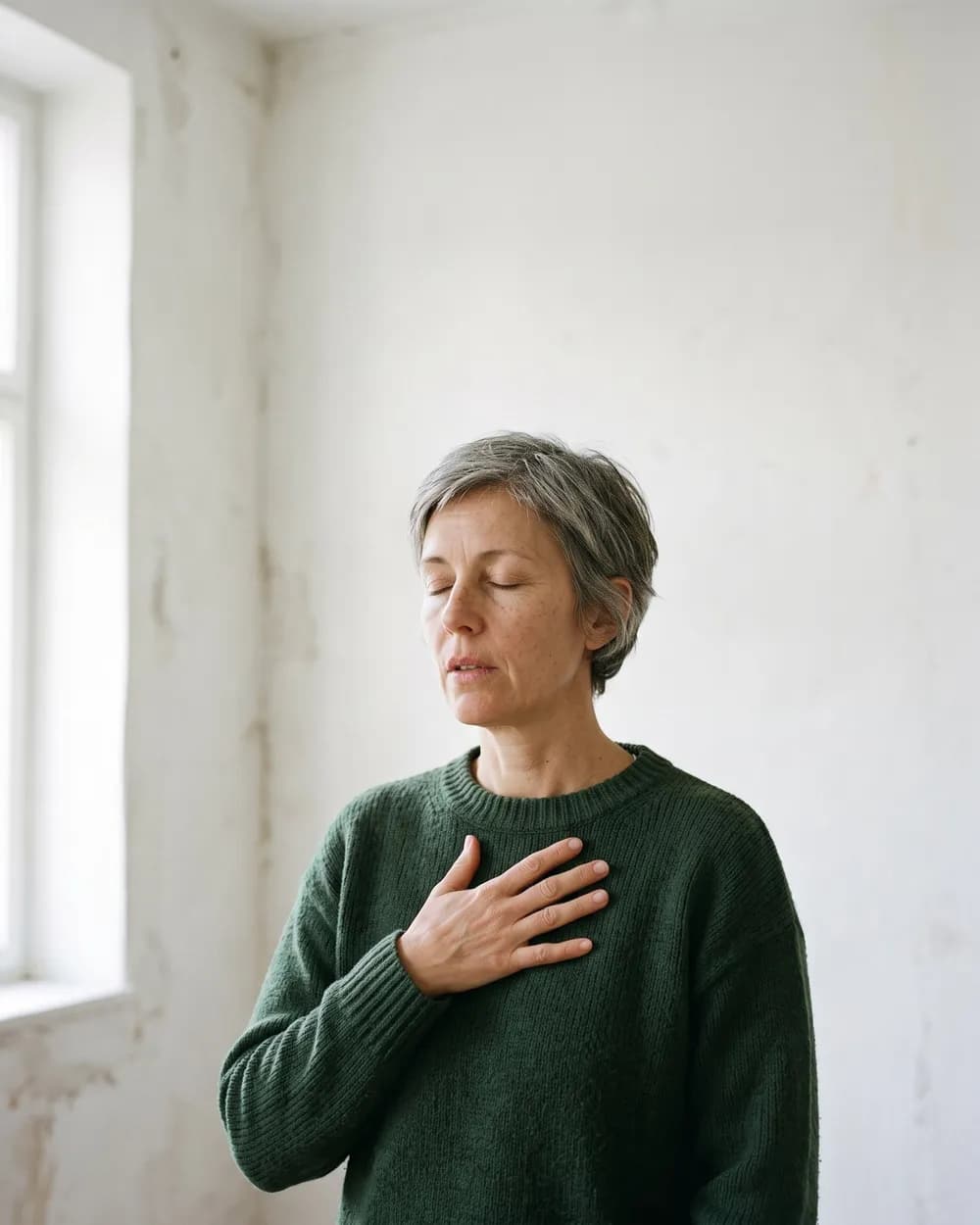 A woman stands by a window with her eyes closed and one hand resting on her chest.